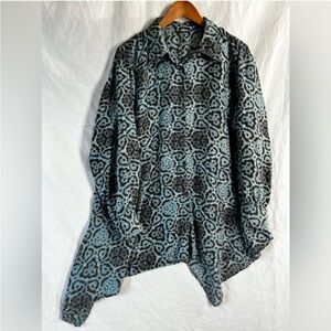 Womens XXLSilk Shirt Asymmetrical Button Down Blouse Teal Animal All Over Print